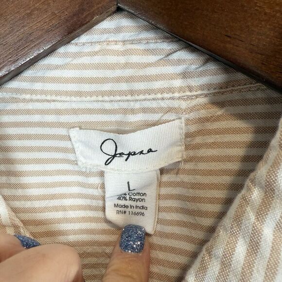 Japna Tan White Striped Long Sleeve Button Shirt Size Large Beach Boho Rolltab - Picture 6 of 13